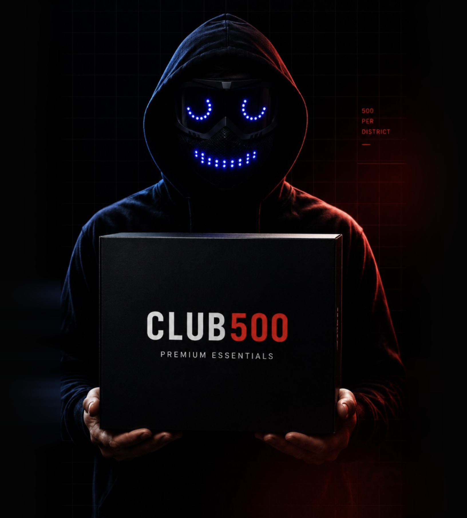 Club500's Founder in a black hood, face hidden behind a black mask with blue LED eyes and grin, holding the black Club500 Premium Essentials box